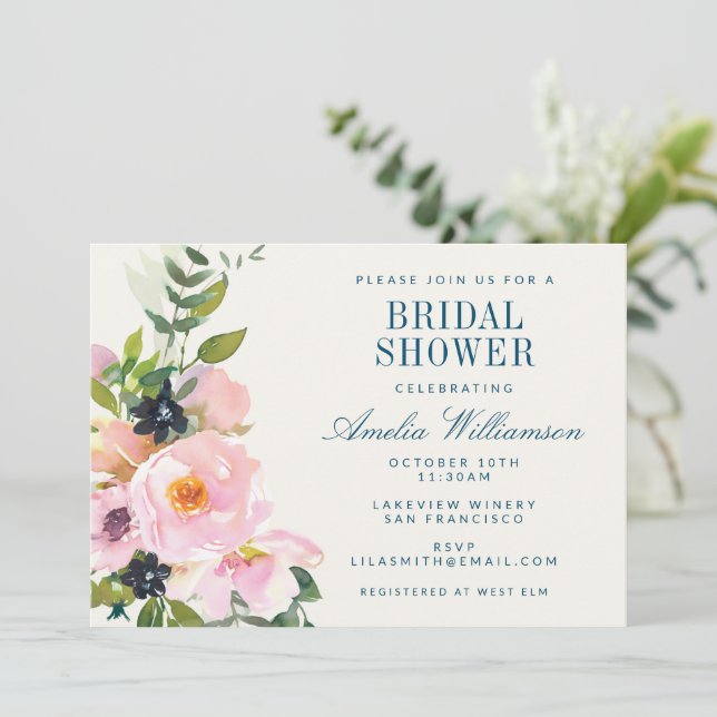 Invitación Elegante ducha marrón rosa azul floral azul (Anverso de pie)