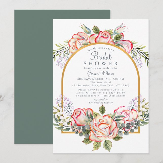 Invitación Elegante ducha marrón rosa blanca roja floral novi (Anverso / Reverso)