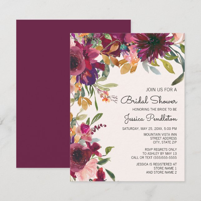Invitación Elegante ducha marrón rosa dorada floral novia (Anverso / Reverso)