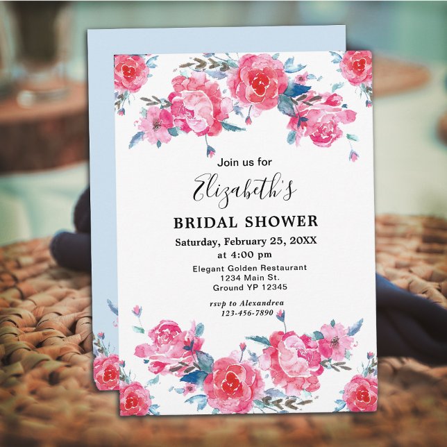 Invitación Elegante ducha marrón rosa floral de agua (Elegant Pink Floral Watercolor Bridal Shower Invitation)