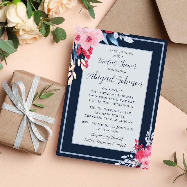Invitación Elegante ducha marrón rosa floral y azul turbio (Subido por el creador)