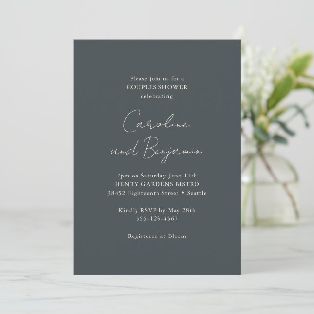 Invitación Elegante ducha Minimalista moderna negra en pareja (Anverso de pie)