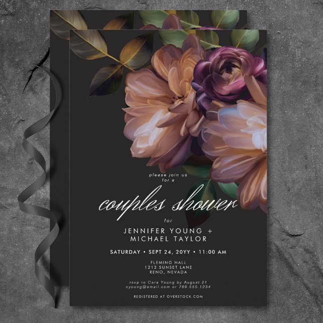 Invitación Elegante ducha Moody Floral Parejas Florales Negra (Elegant Black Moody Floral Couples Shower Invitation)