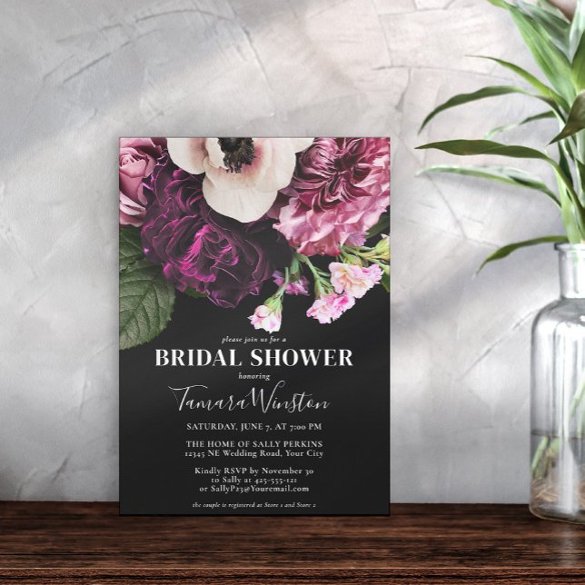 Invitación Elegante ducha negra morada rosa blanca floral (Subido por el creador)