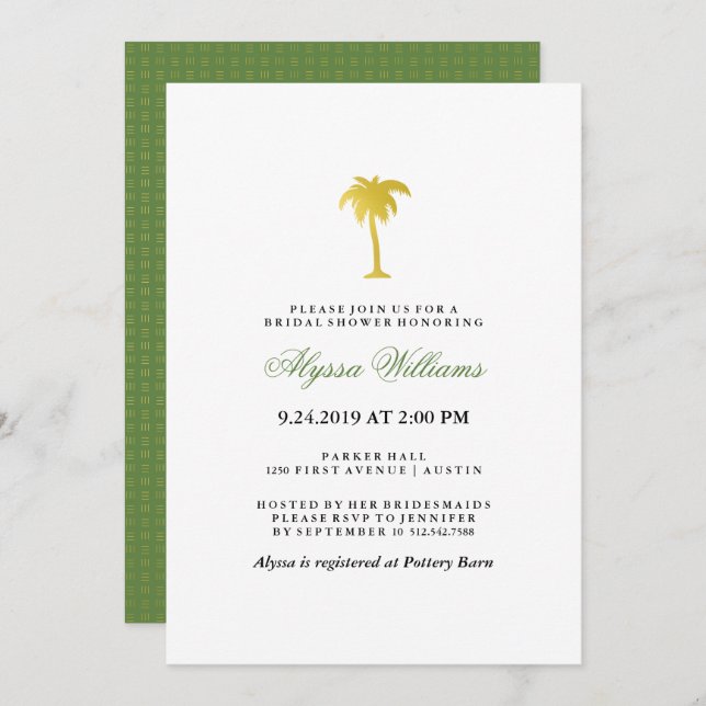 Invitación Elegante Ducha Nodal Faux Gold Palm Tree | Verde (Anverso / Reverso)