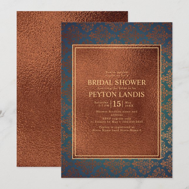Invitación Elegante Ducha Nodal Verde azulada Damask De Cobre (Anverso / Reverso)