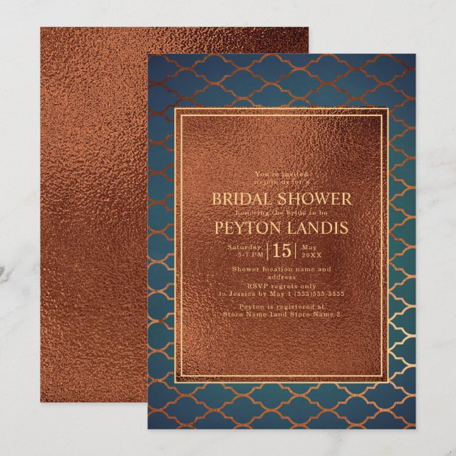 Invitación Elegante Ducha Nodal Verde azulada de cobre y eleg (Anverso / Reverso)