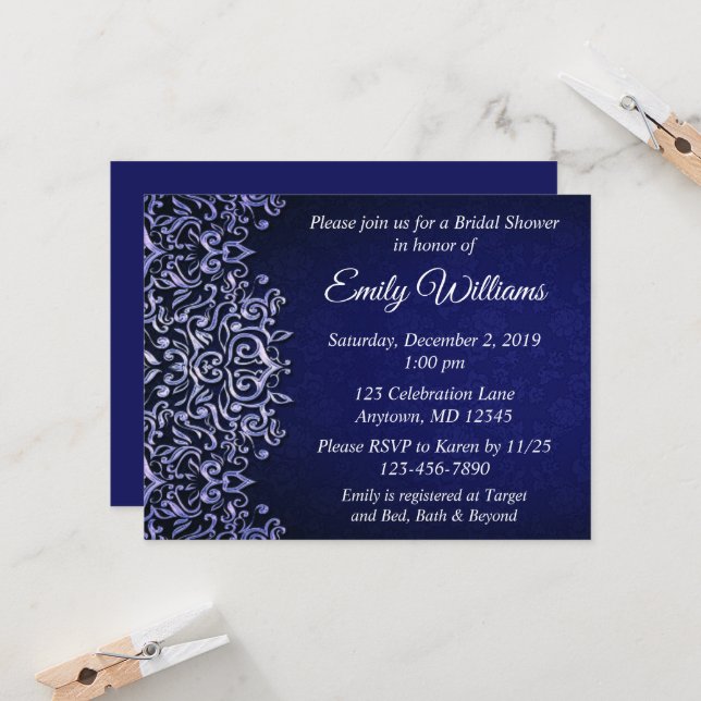 Invitación Elegante ducha nupcial azul y blanca Damask (Anverso/Reverso In Situ)