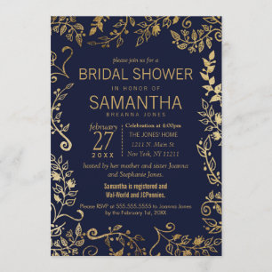 Invitación Elegante ducha nupcial azul y dorada