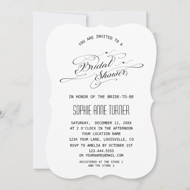 Invitación Elegante ducha nupcial de caligrafía blanca y negr (Anverso)