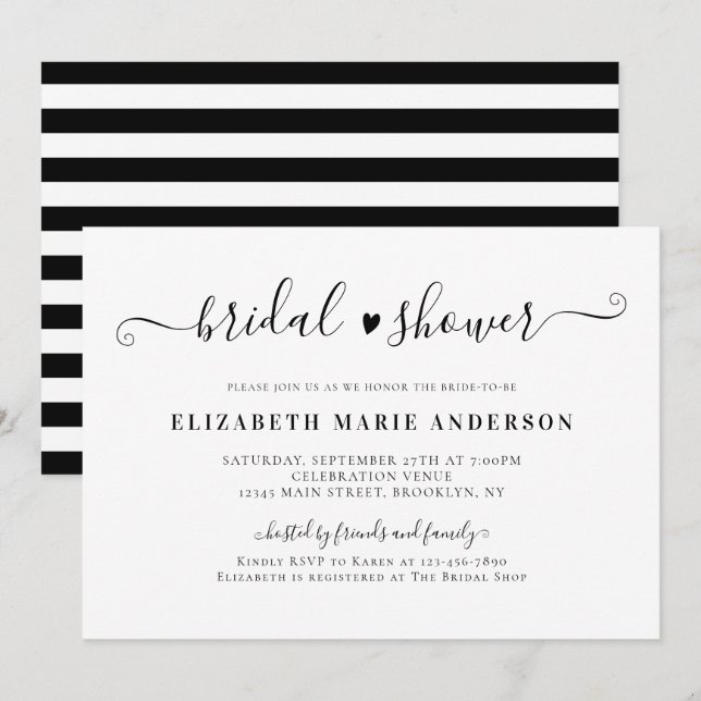 Invitación Elegante ducha nupcial de caligrafía blanca y negr (Anverso / Reverso)