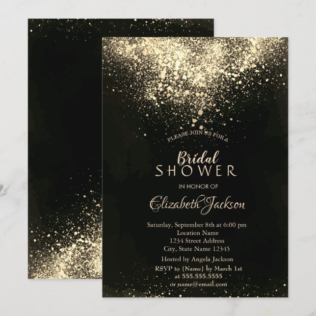 Invitación Elegante ducha nupcial de confetti dorado (Anverso / Reverso)