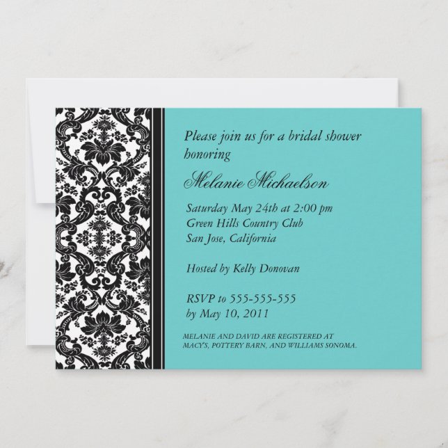 Invitación Elegante ducha nupcial de Damasco floral Aqua Blac (Anverso)