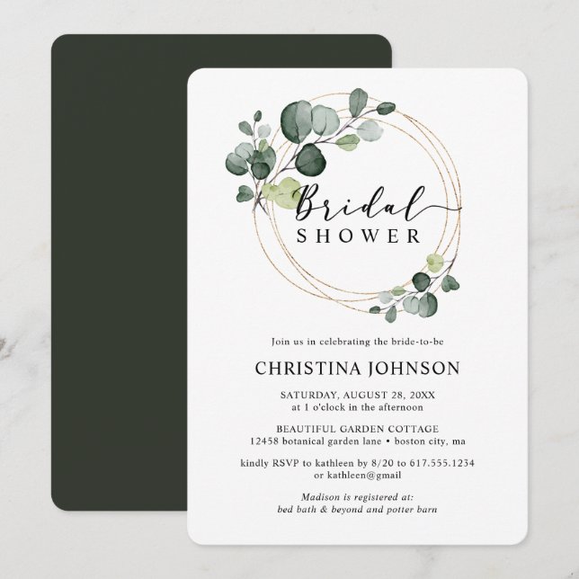 Invitación Elegante ducha nupcial de eucalipto de oro (Anverso / Reverso)
