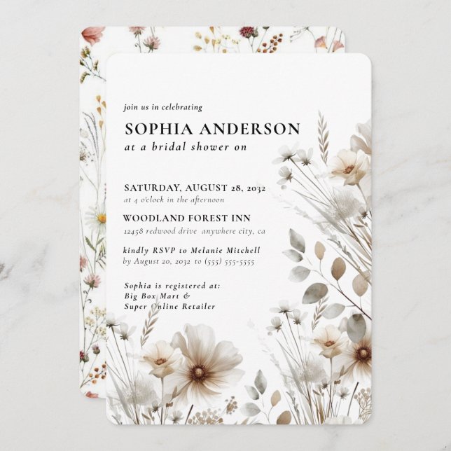 Invitación Elegante ducha nupcial de flores silvestres de Boh (Anverso / Reverso)