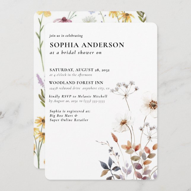 Invitación Elegante ducha nupcial de flores silvestres de Boh (Anverso / Reverso)