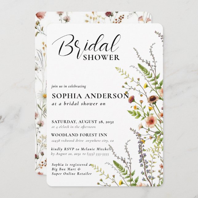 Invitación Elegante ducha nupcial de flores silvestres de Boh (Anverso / Reverso)