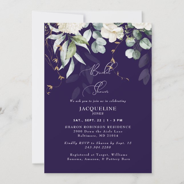 Invitación Elegante ducha nupcial de la marina Hydrangea blan (Anverso)
