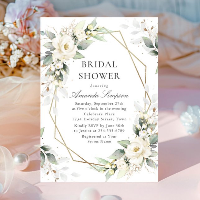 Invitación Elegante ducha nupcial de rosas blancas Eucalipto (Subido por el creador)
