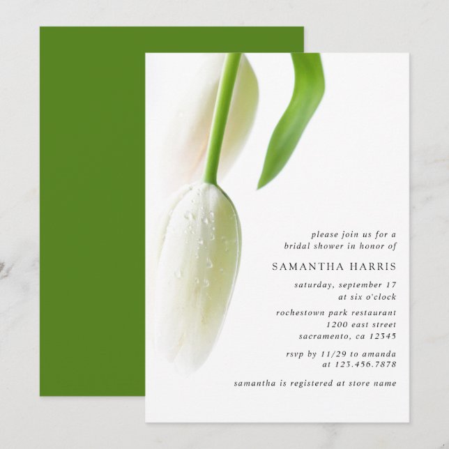 Invitación Elegante ducha nupcial de tulipanes blancos (Anverso / Reverso)
