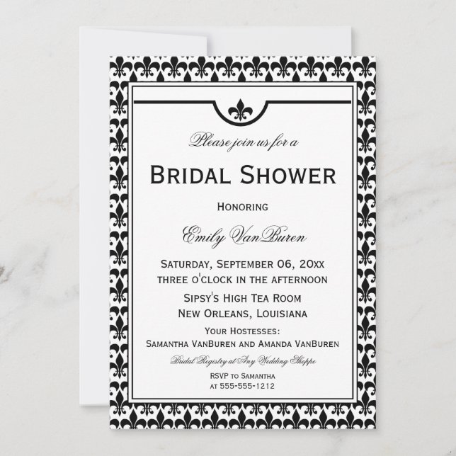 Invitación Elegante ducha nupcial Fleur de Lis - Blanco negro (Anverso)