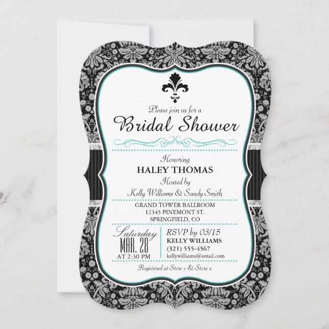 Invitación Elegante ducha nupcial Fleur-de-lis; Damasco negro (Anverso)