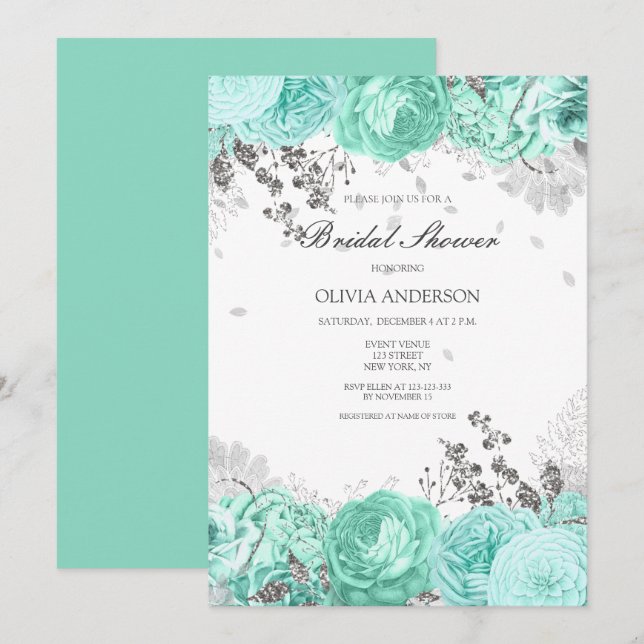Invitación Elegante ducha nupcial floral Aqua Silver (Anverso / Reverso)