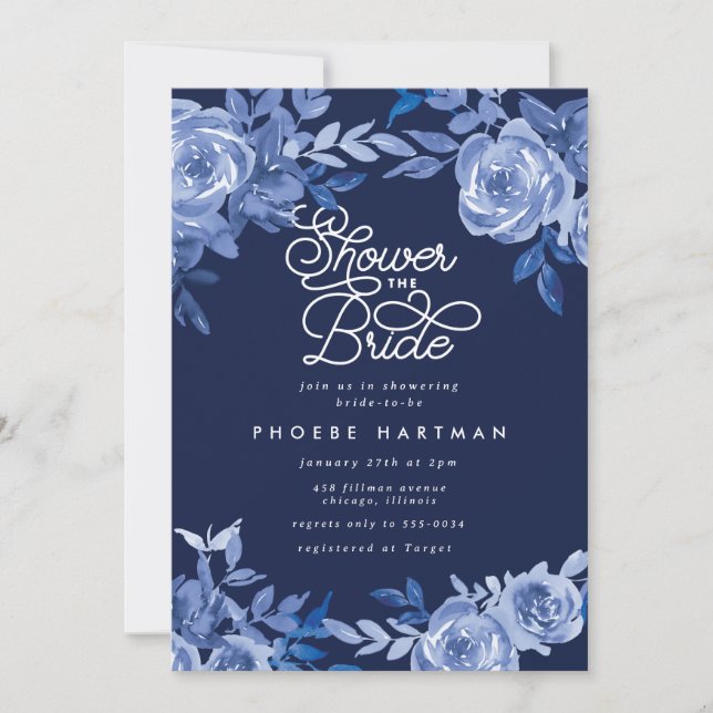Invitación Elegante ducha nupcial floral azul de la Marina Mo (Anverso)