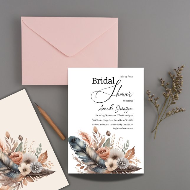 Invitación Elegante ducha nupcial floral de pluma Boho (Subido por el creador)