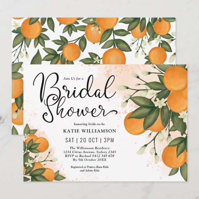 Invitación Elegante ducha nupcial Naranja Citrus (Anverso / Reverso)