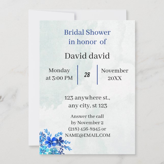 Invitación Elegante ducha nupcial personalizada azul (Anverso)