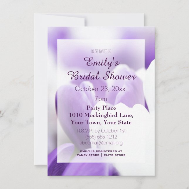 Invitación Elegante ducha nupcial tulipán blanco de lavanda m (Anverso)