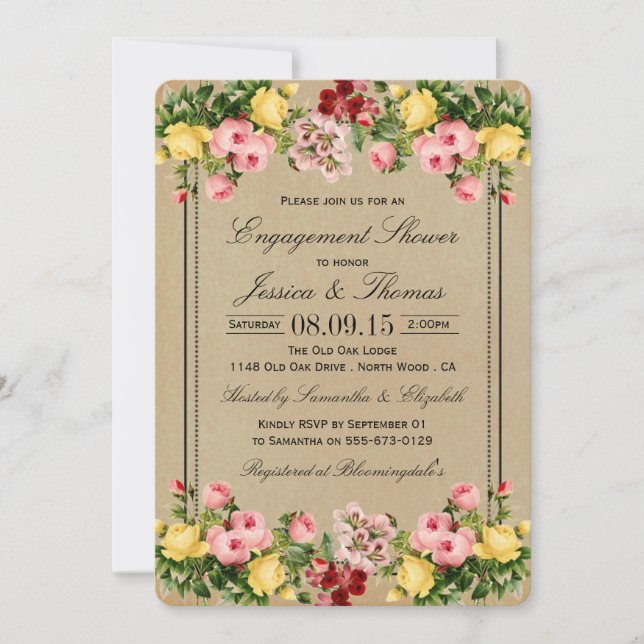 Invitación Elegante Ducha O Fiesta De Compromiso Floral Vinta (Anverso)