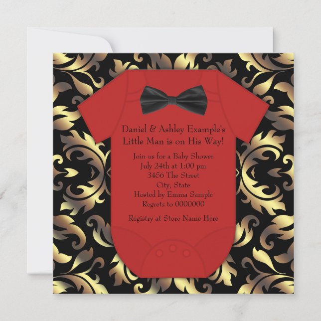 Invitación Elegante ducha Red Black and Gold Baby Boy (Anverso)