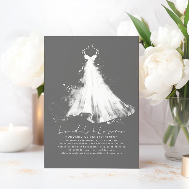 Invitación Elegante ducha romántica Minimalista gris de novia (Wedding Dress Elegant Bridal Shower Invitation)