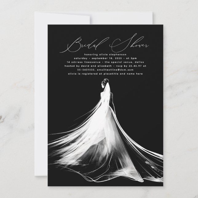 Invitación Elegante ducha romántica Minimalista negra de novi (Anverso)