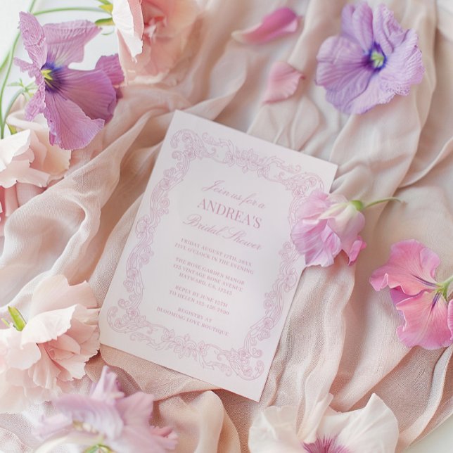 Invitación Elegante ducha romántica rosa de novia vintage (Elegant Vintage Romantic Pink Bridal Shower Invitation)