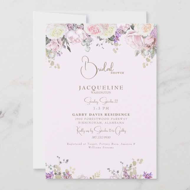 Invitación Elegante ducha rosa rosa de novia (Anverso)