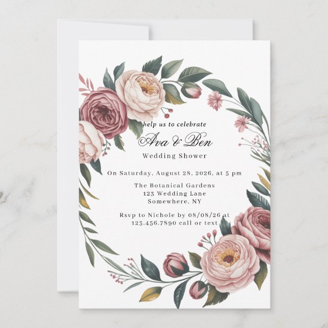 Invitación Elegante ducha Rubor de bodas florales pintadas de (Anverso)