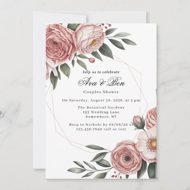 Invitación Elegante ducha Rubor de Parejas Florales Pintadas  (Anverso)