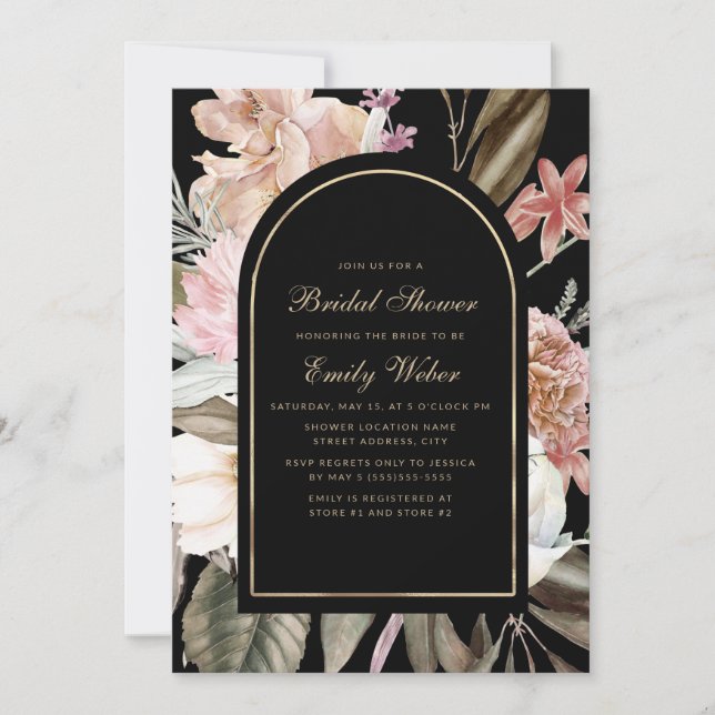 Invitación Elegante ducha Rubor rosa floral negra de novia (Anverso)