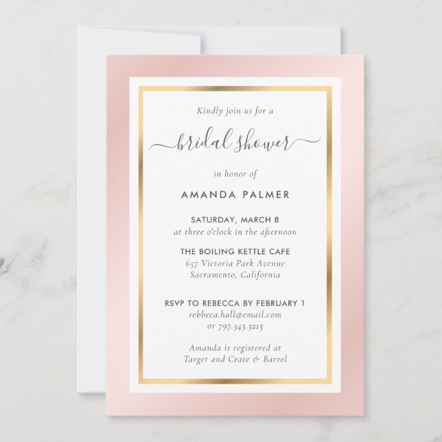 Invitación Elegante ducha Rubor rosa y dorada de novias (Anverso)