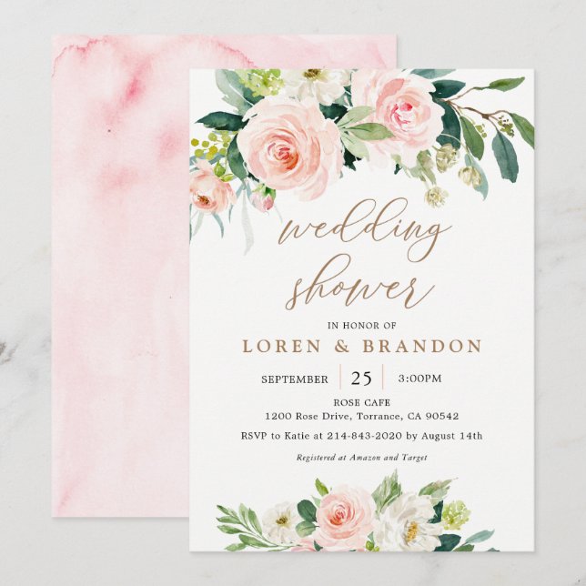 Invitación Elegante ducha Rubor Watercolor Wedding (Anverso / Reverso)