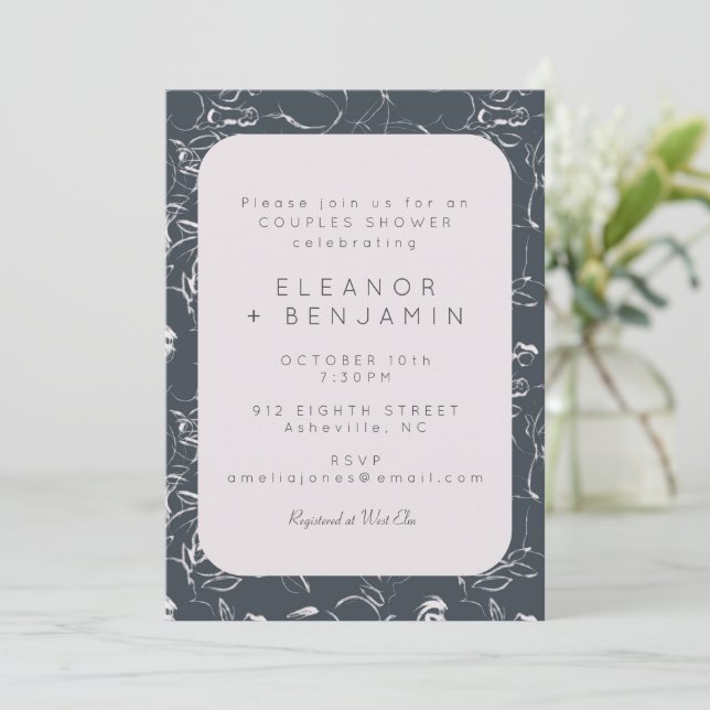 Invitación Elegante ducha Rubor y Gray Botanical Couples (Anverso de pie)
