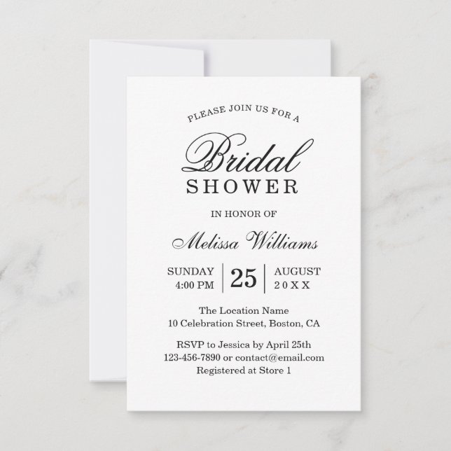 Invitación Elegante ducha simple de novia blanca y negra (Anverso)
