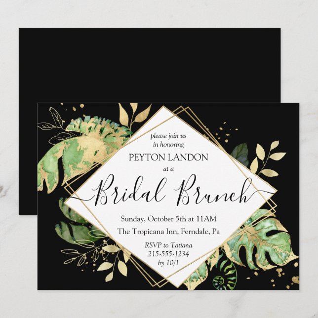 Invitación Elegante ducha Tropical Black & Gold Bridal Brunch (Anverso / Reverso)