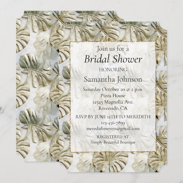 Invitación Elegante ducha tropical dorada con sabio verde de  (Anverso / Reverso)