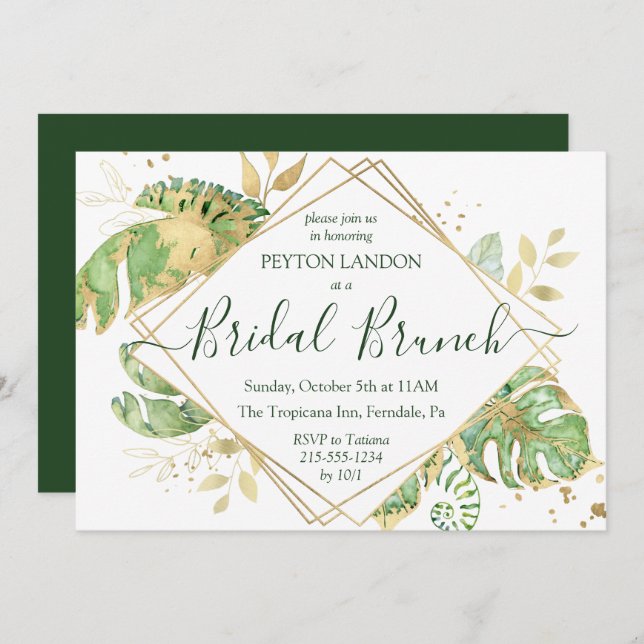 Invitación Elegante ducha Tropical Gold Bridal Brunch (Anverso / Reverso)