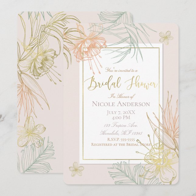 Invitación Elegante ducha tropical tropical tropical con flor (Anverso / Reverso)