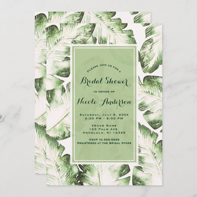 Invitación Elegante ducha tropical verde blanco con hojas tro (Anverso / Reverso)